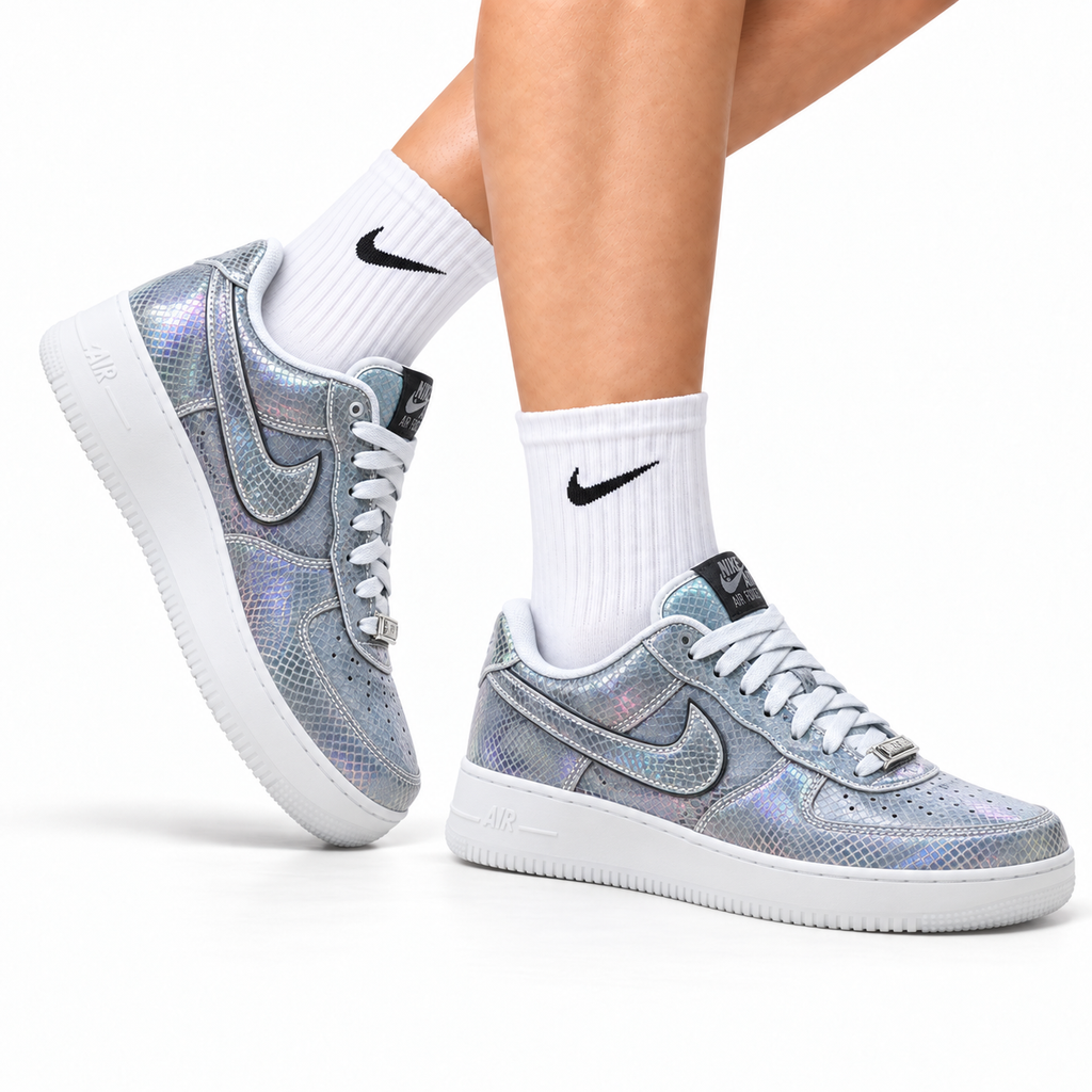 Nike Air Force 1 Low Silver Gray White Unisex Sneakers Style 15 main angled pair with shoebox