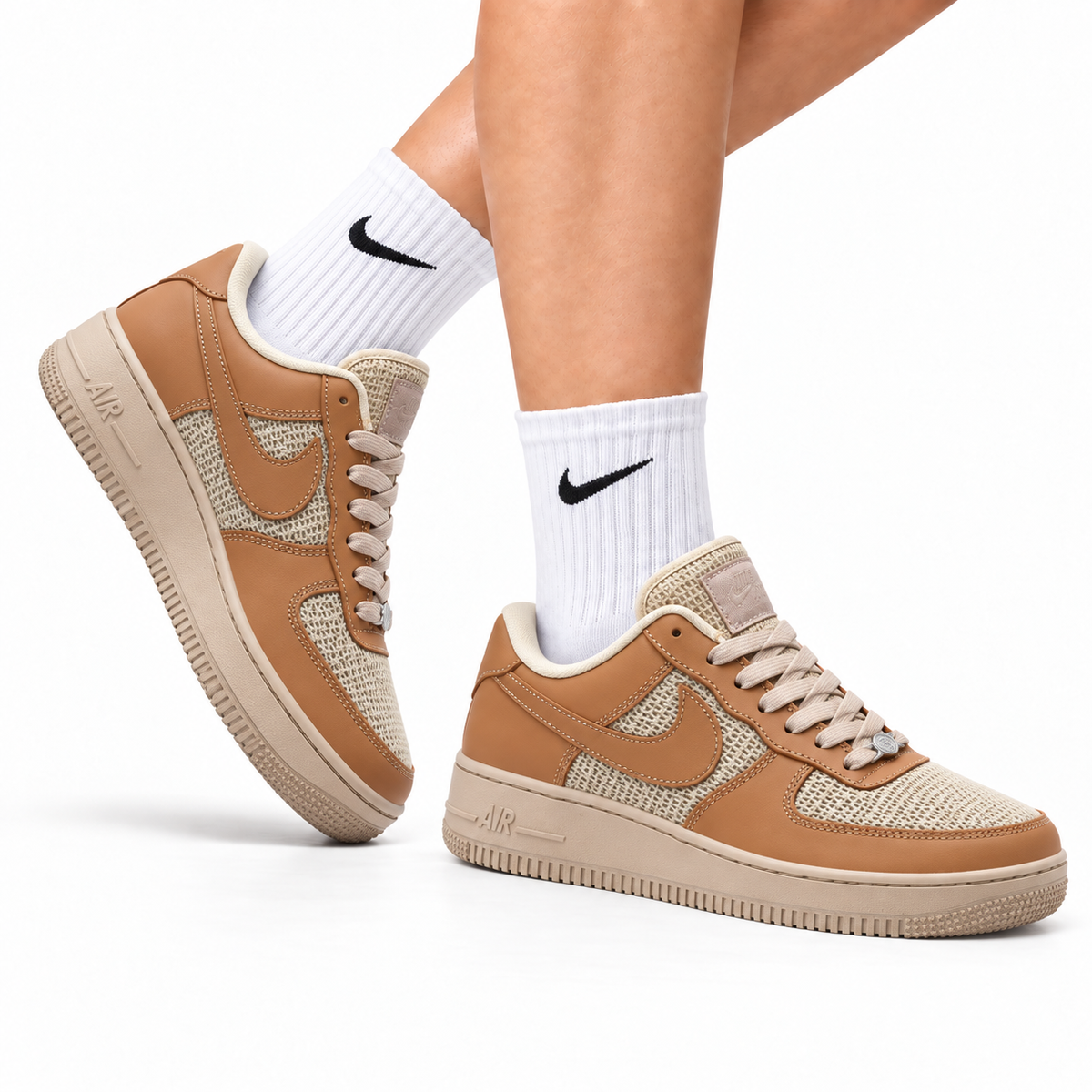 Nike Air Force 1 Low Tan Woven Unisex Sneakers Style 18 main angled pair with shoebox