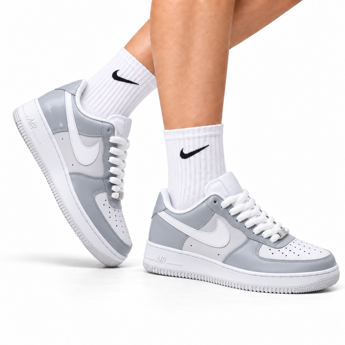 Nike Air Force 1 Low White Gray Unisex Sneakers Style 19 main angled pair with shoebox