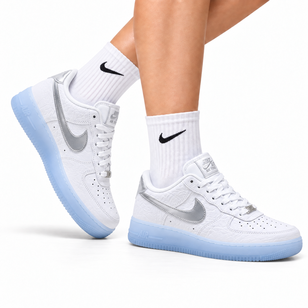 Nike Air Force 1 Low White Ice Blue Unisex Sneakers Style 06 main angled pair with shoebox