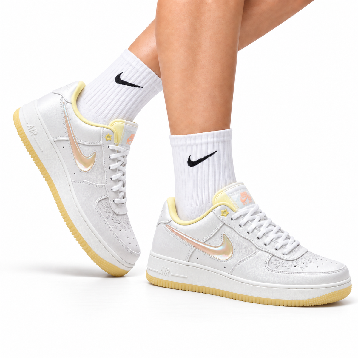 Nike Air Force 1 Low White Pale Yellow Unisex Sneakers Style 24 main angled pair with shoebox