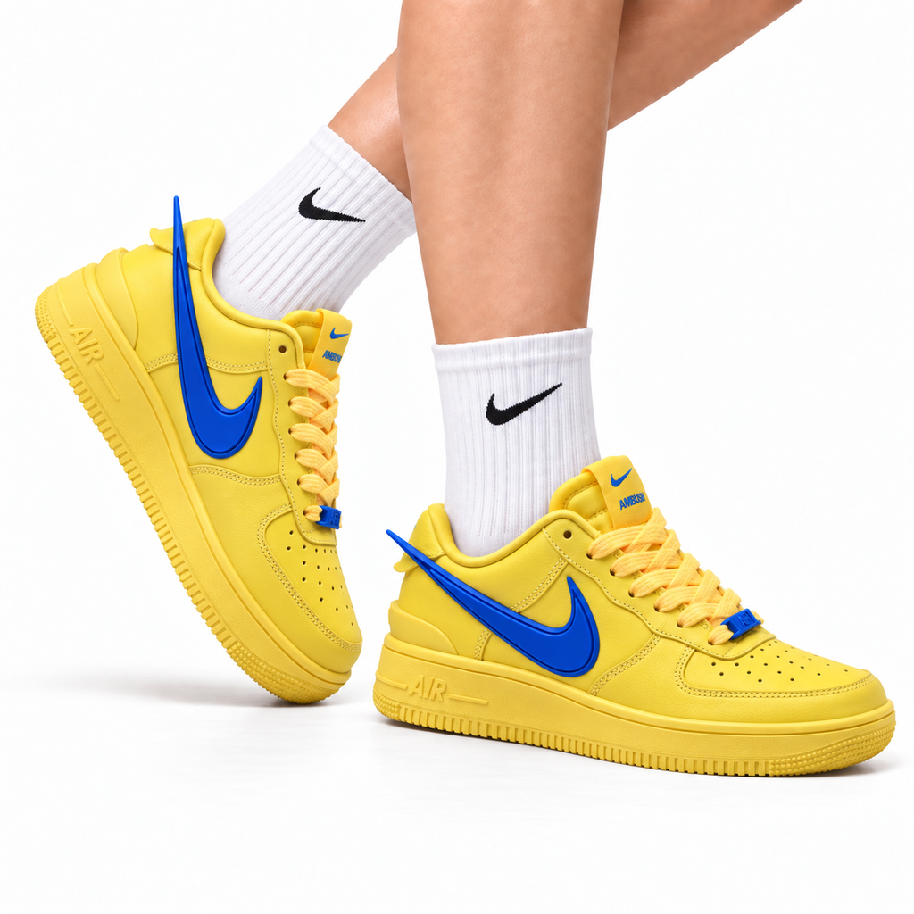 Nike Air Force 1 Low Yellow Royal Blue Unisex Sneakers Style 14 main angled pair with shoebox