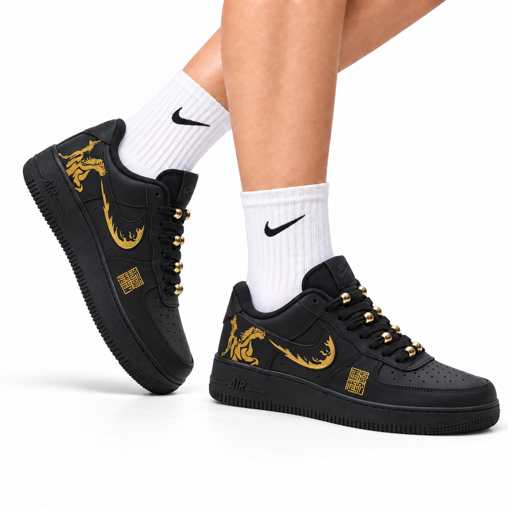 Nike Air Force 1 Low Black Gold Graphic Unisex Sneakers Style 14 main angled pair with shoebox