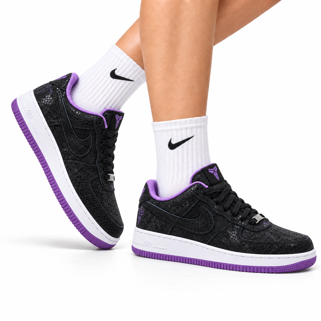 Nike Air Force 1 Low Black Purple Unisex Sneakers Style 06 main angled pair with shoebox