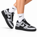 Nike Air Force 1 Low Black Silver Gray Unisex Sneakers Style 03 main angled pair with shoebox