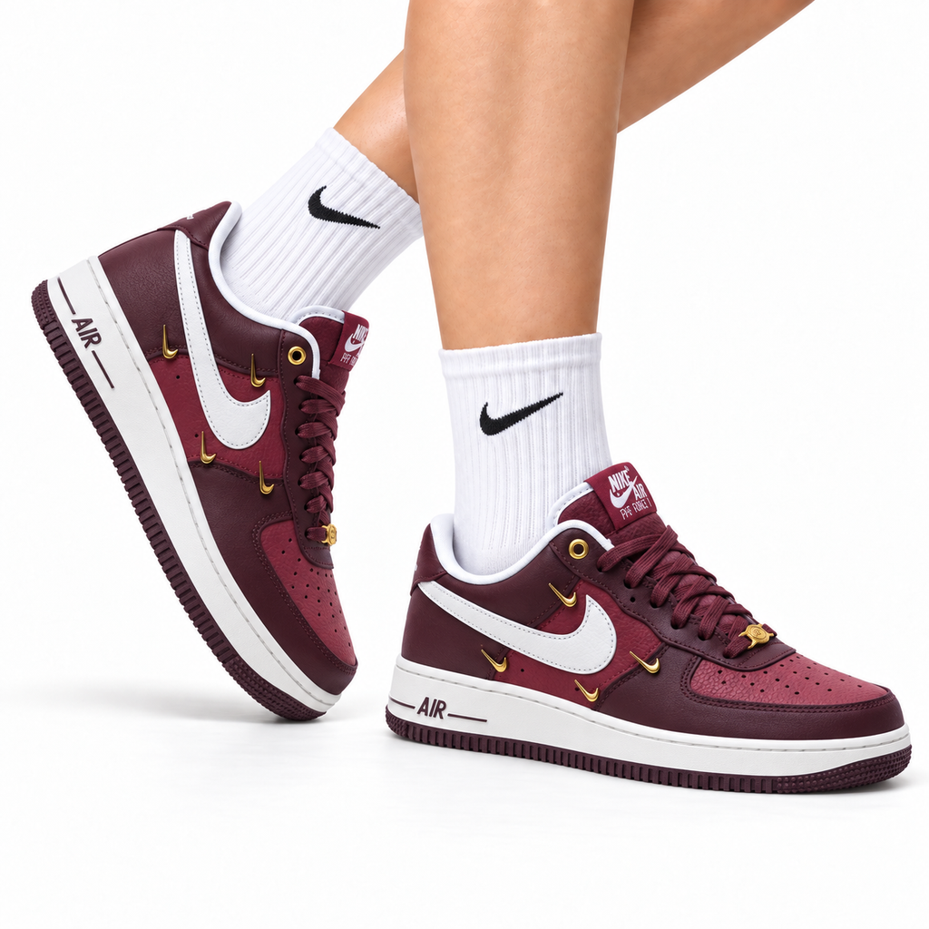 Nike Air Force 1 Low Burgundy White Gold Unisex Sneakers Style 02 main angled pair with shoebox