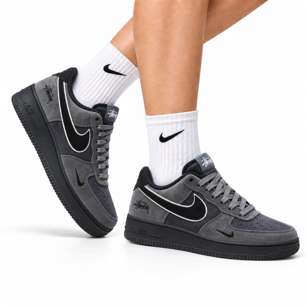 Nike Air Force 1 Low Charcoal Black Unisex Sneakers Style 08 main angled pair with shoebox