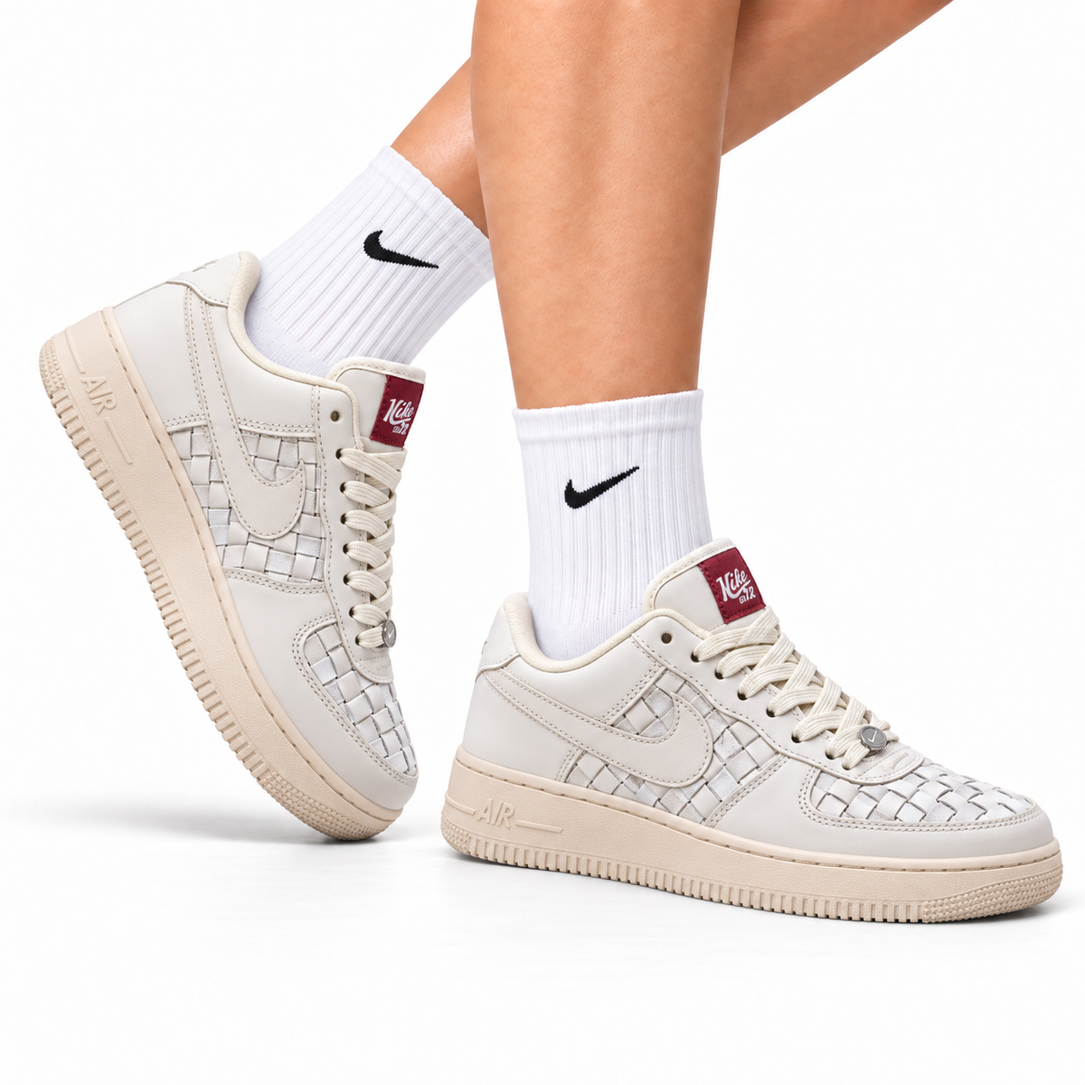 Nike Air Force 1 Low Cream Woven Unisex Sneakers Style 05 main angled pair with shoebox