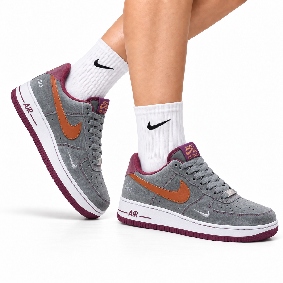 Nike Air Force 1 Low Gray Orange Burgundy Unisex Sneakers Style 12 main angled pair with shoebox