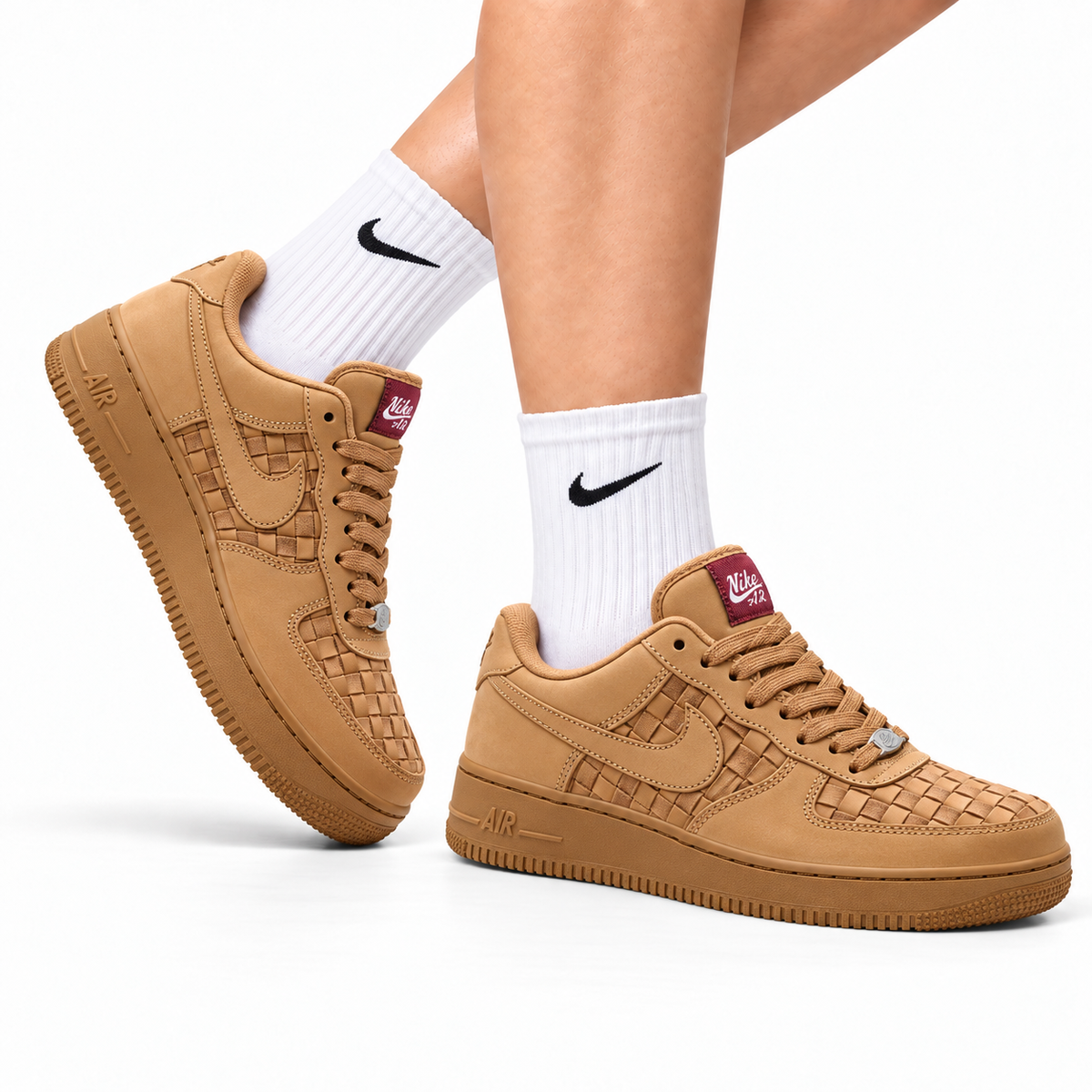 Nike Air Force 1 Low Tan Woven Unisex Sneakers Style 04 main angled pair with shoebox