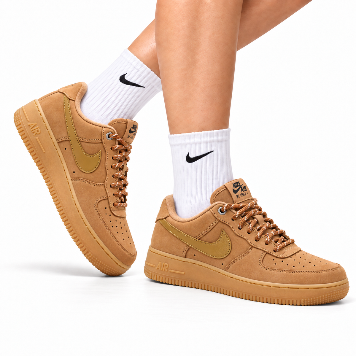 Nike Air Force 1 Low Wheat Tan Gum Unisex Sneakers Style 19 main angled pair with shoebox