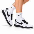 Nike Air Force 1 Low White Black Graphic Unisex Sneakers Style 17 main angled pair with shoebox