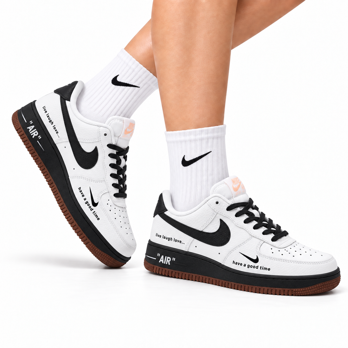 Nike Air Force 1 Low White Black Gum Text Unisex Sneakers Style 16 main angled pair with shoebox