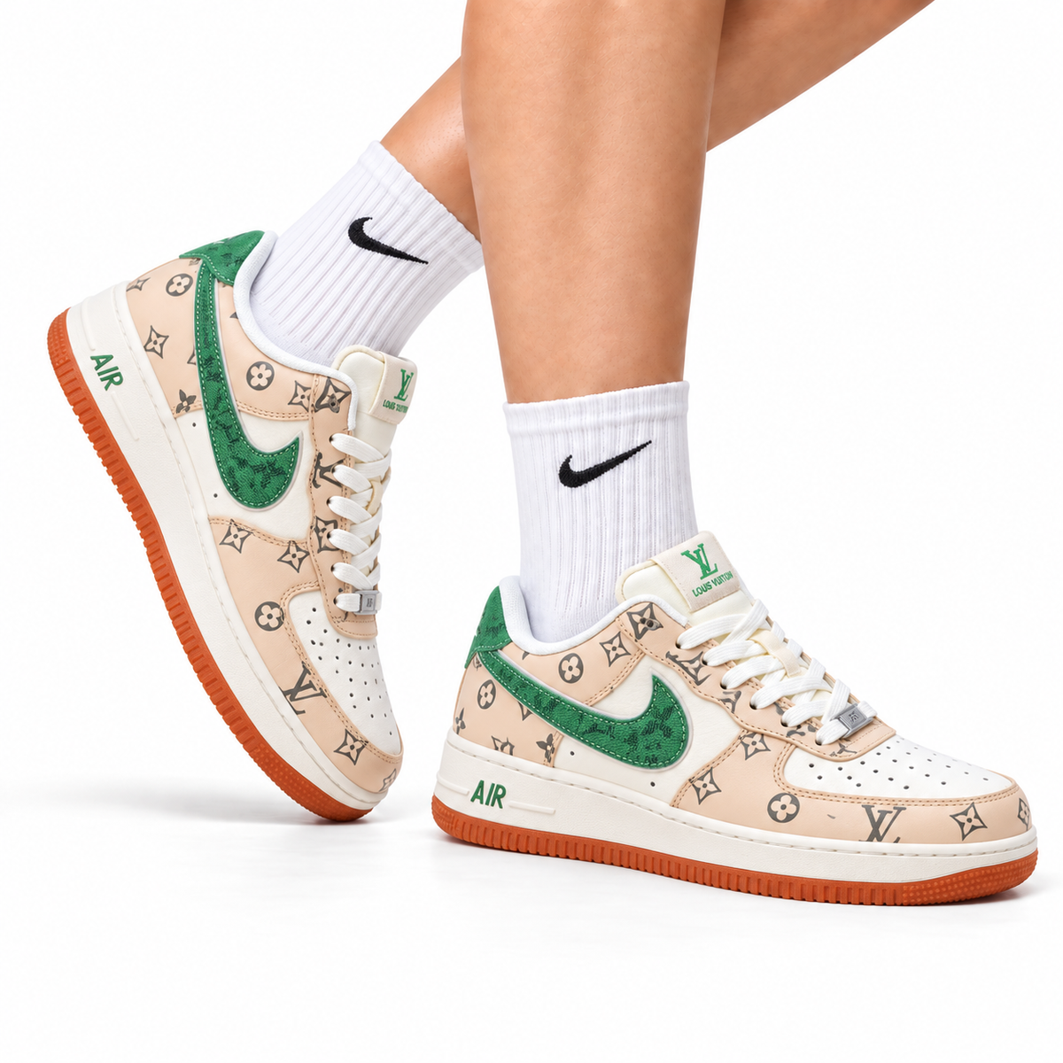 Nike Air Force 1 Low Beige Green Monogram Print Unisex Sneakers Style 12 main angled pair view