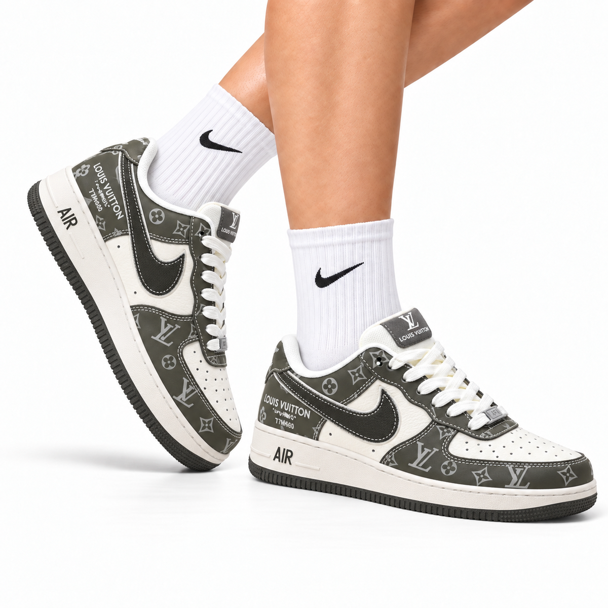 Nike Air Force 1 Low Black Gray Monogram Print Unisex Sneakers Style 11 main angled pair view