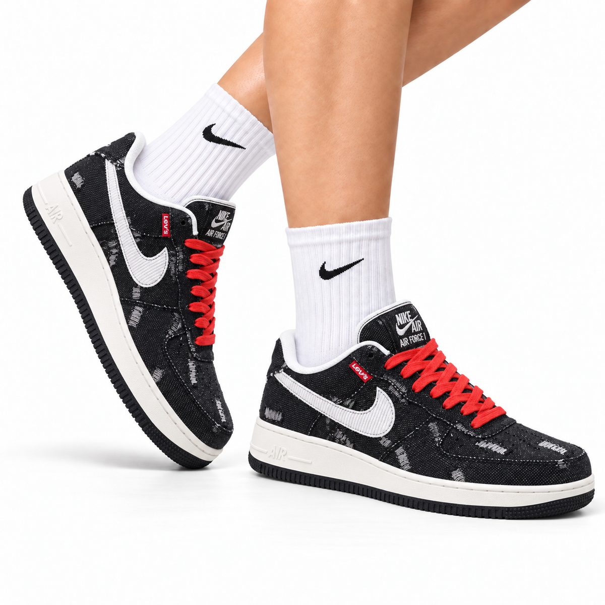 Nike Air Force 1 Low Black White Red Lace Unisex Sneakers Style 03 main angled pair view