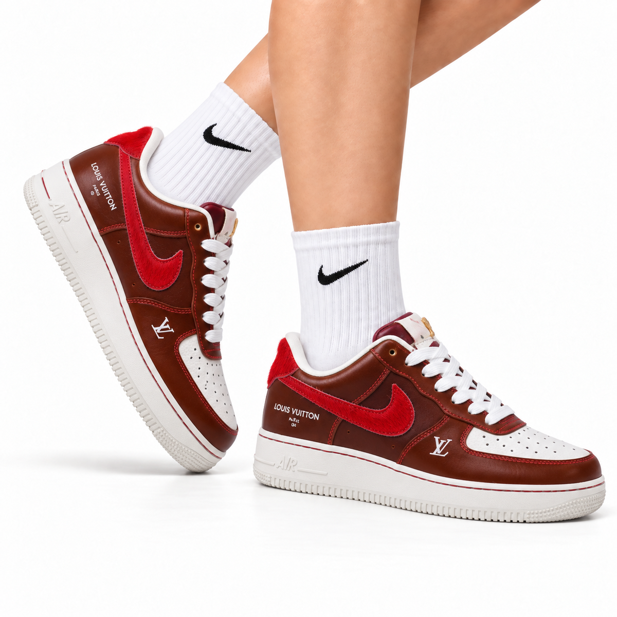 Nike Air Force 1 Low Brown Red Monogram Print Unisex Sneakers Style 06 main angled pair view