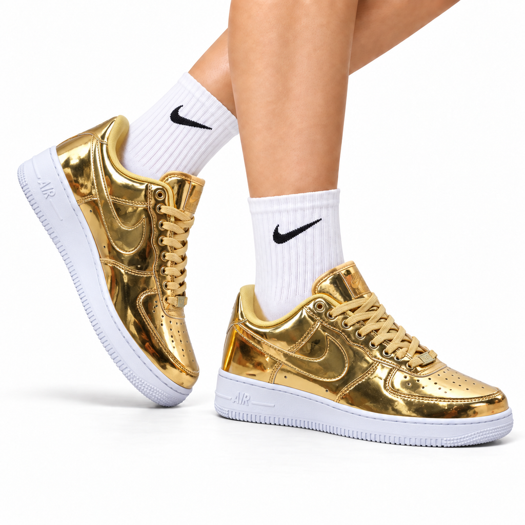 Nike Air Force 1 Low Gold Metallic Unisex Sneakers Style 18 main angled pair view