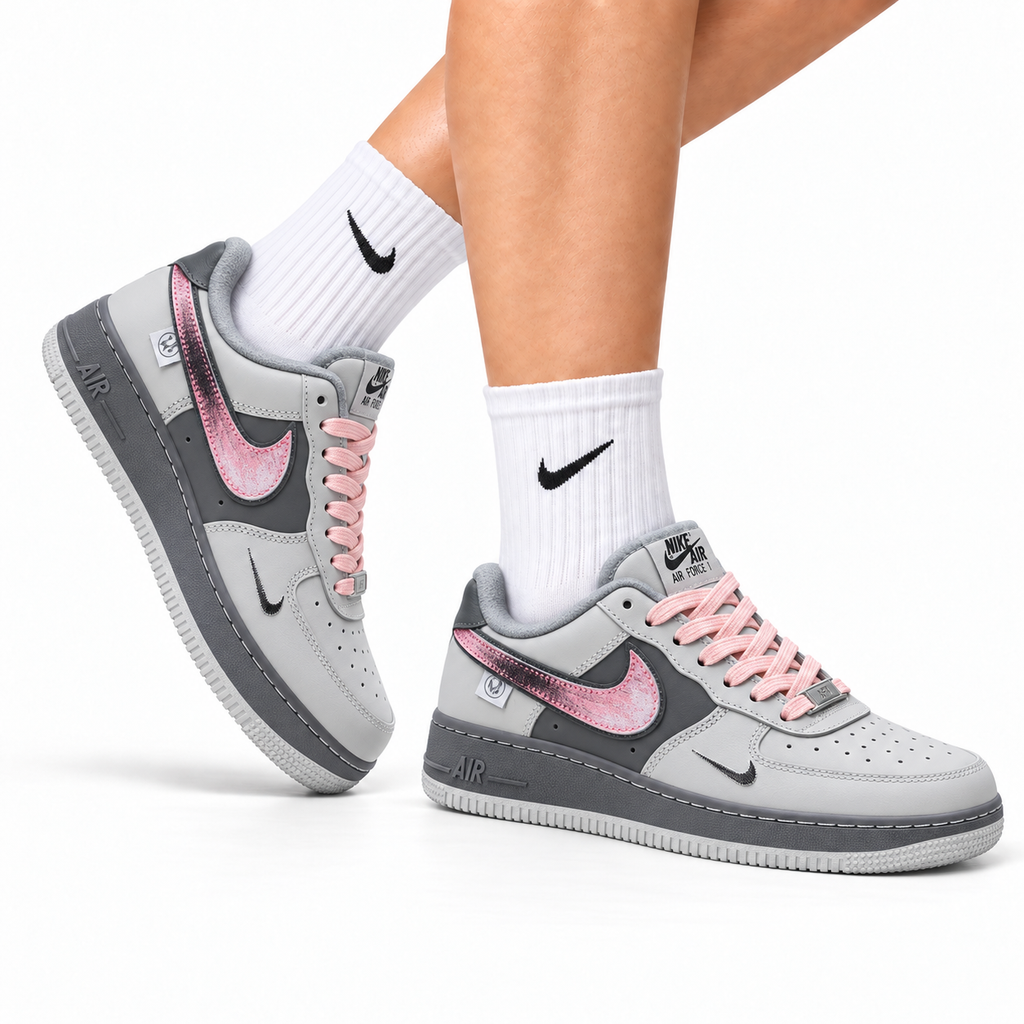 Nike Air Force 1 Low Gray Black Pink Unisex Sneakers Style 09 main angled pair view