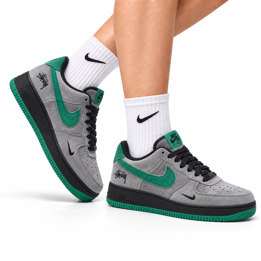 Nike Air Force 1 Low Gray Green Unisex Sneakers Style 13 main angled pair view