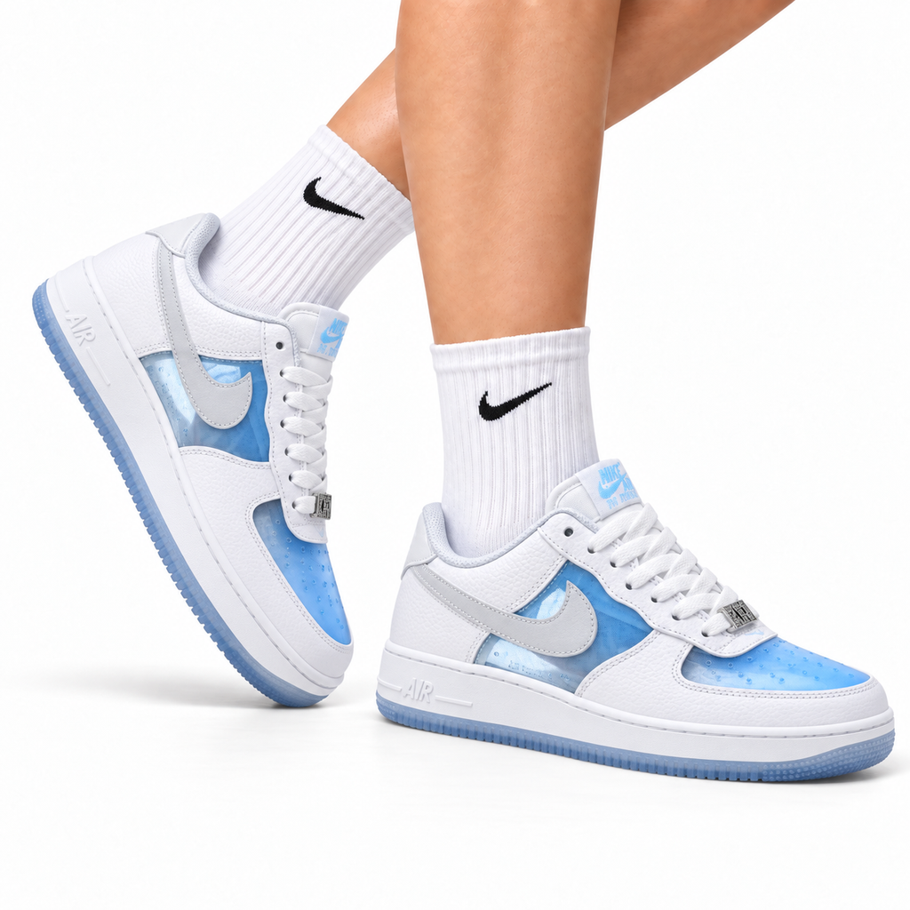 Nike Air Force 1 Low White Light Blue Gray Unisex Sneakers Style 20 main angled pair view