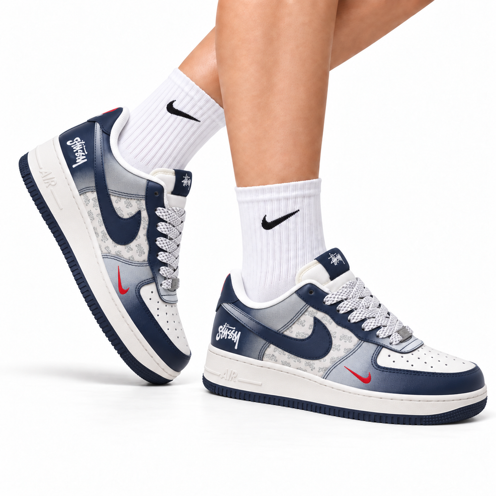 Nike Air Force 1 Low White Navy Blue Unisex Sneakers Style 10 main angled pair view