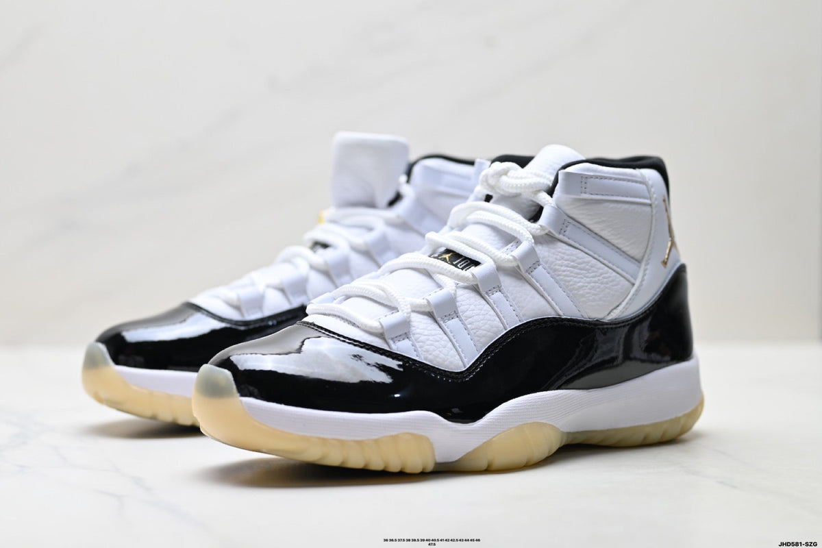 Air Jordan 11 Retro White Black Sail and Gold Unisex Sneakers Style 03 detail view 3