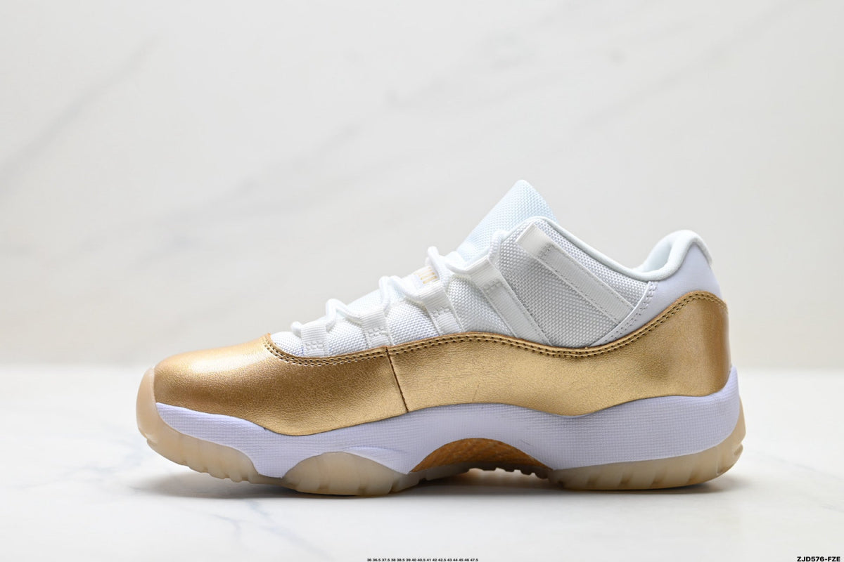 Air Jordan 11 Retro White and Metallic Gold Unisex Sneakers Style 05 detail view 2