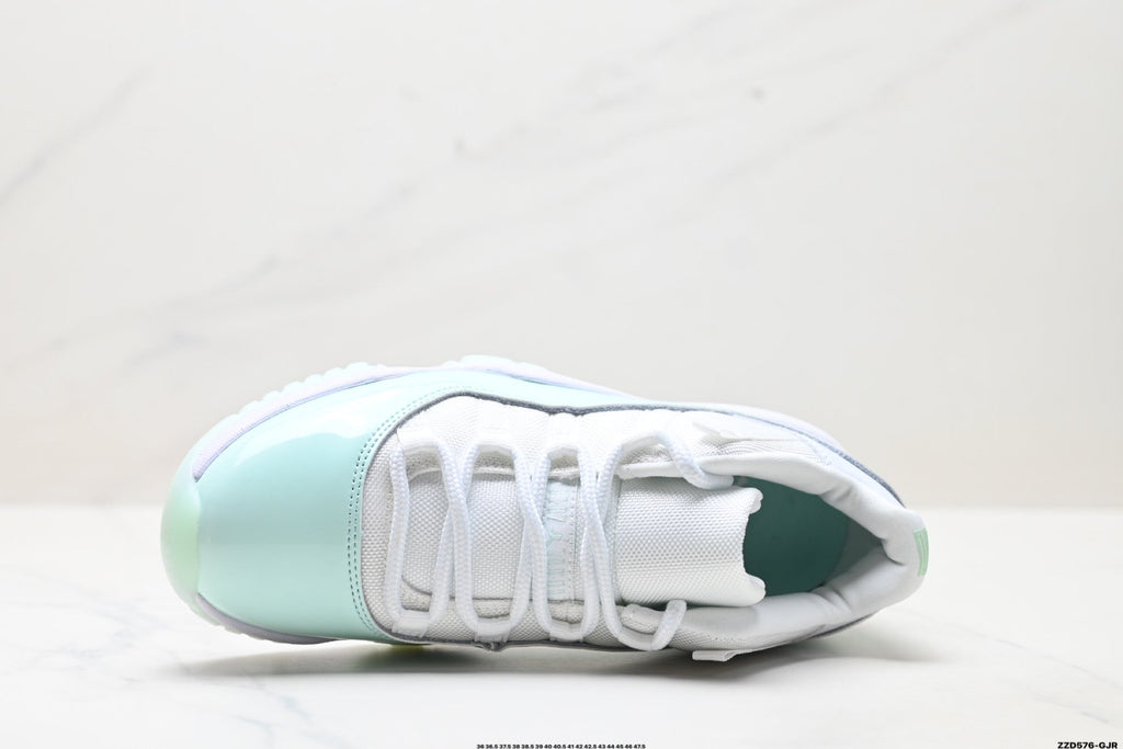 Air Jordan 11 Retro White and Mint Unisex Sneakers Style 09 detail view 1