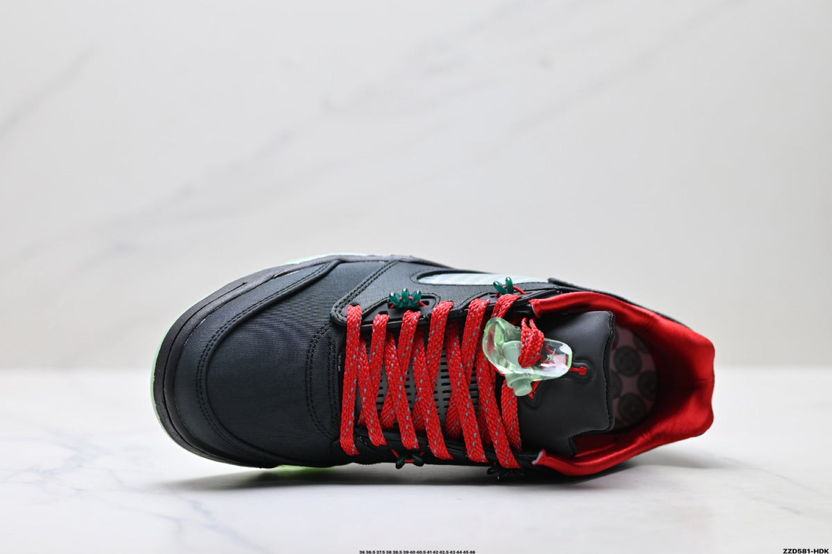 Air Jordan 5 Retro Black Red Green Glow Sneakers detail view 2