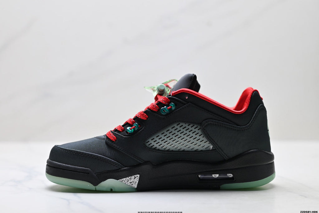 Air Jordan 5 Retro Black Red Green Glow Sneakers detail view 3