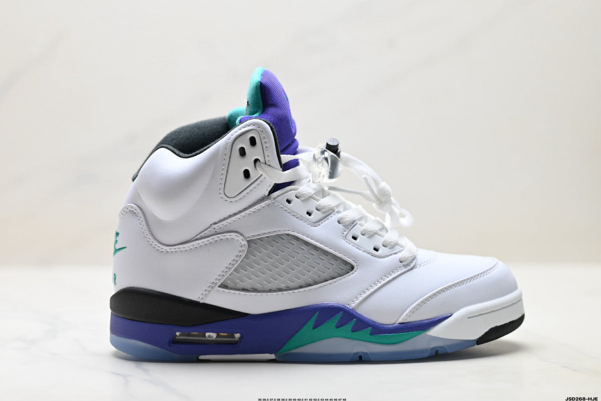 Air Jordan 5 Retro White Purple Emerald Sneakers detail view 1
