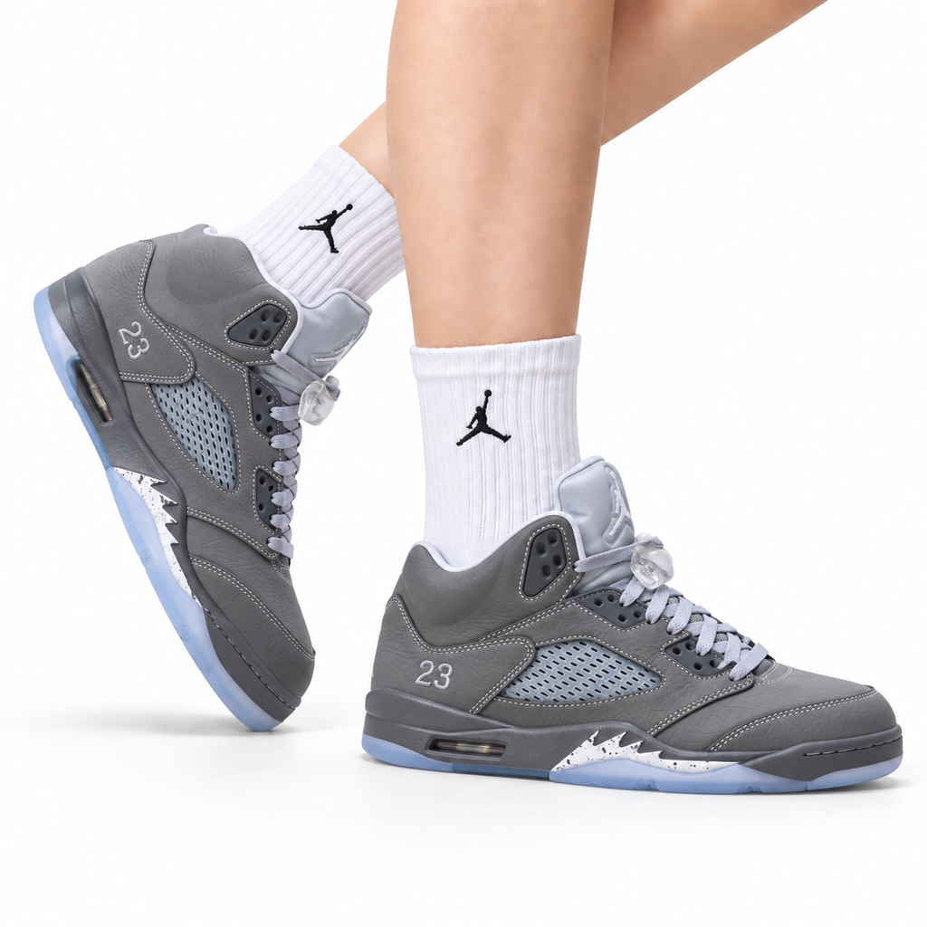 Air Jordan 5 Retro Wolf Grey Metallic Silver Sneakers on-foot product image on a pure white background