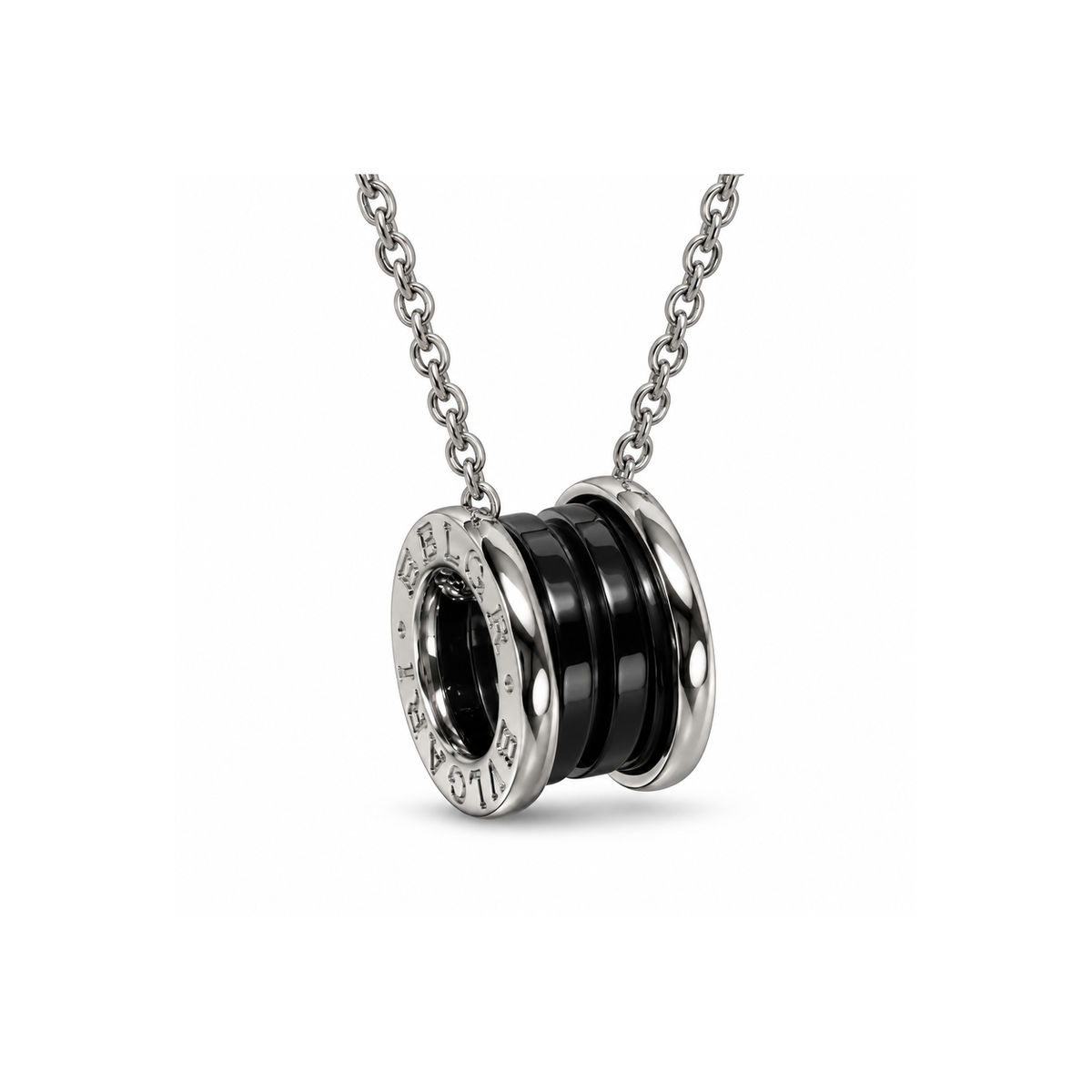BVLGARI "Little Red Figure" Black Ceramic Necklace on pure white background
