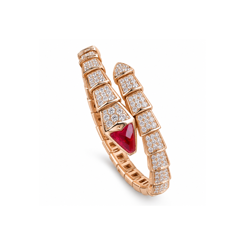 BVLGARI Serpenti Snake-Head Full-Diamond Bracelet on pure white background