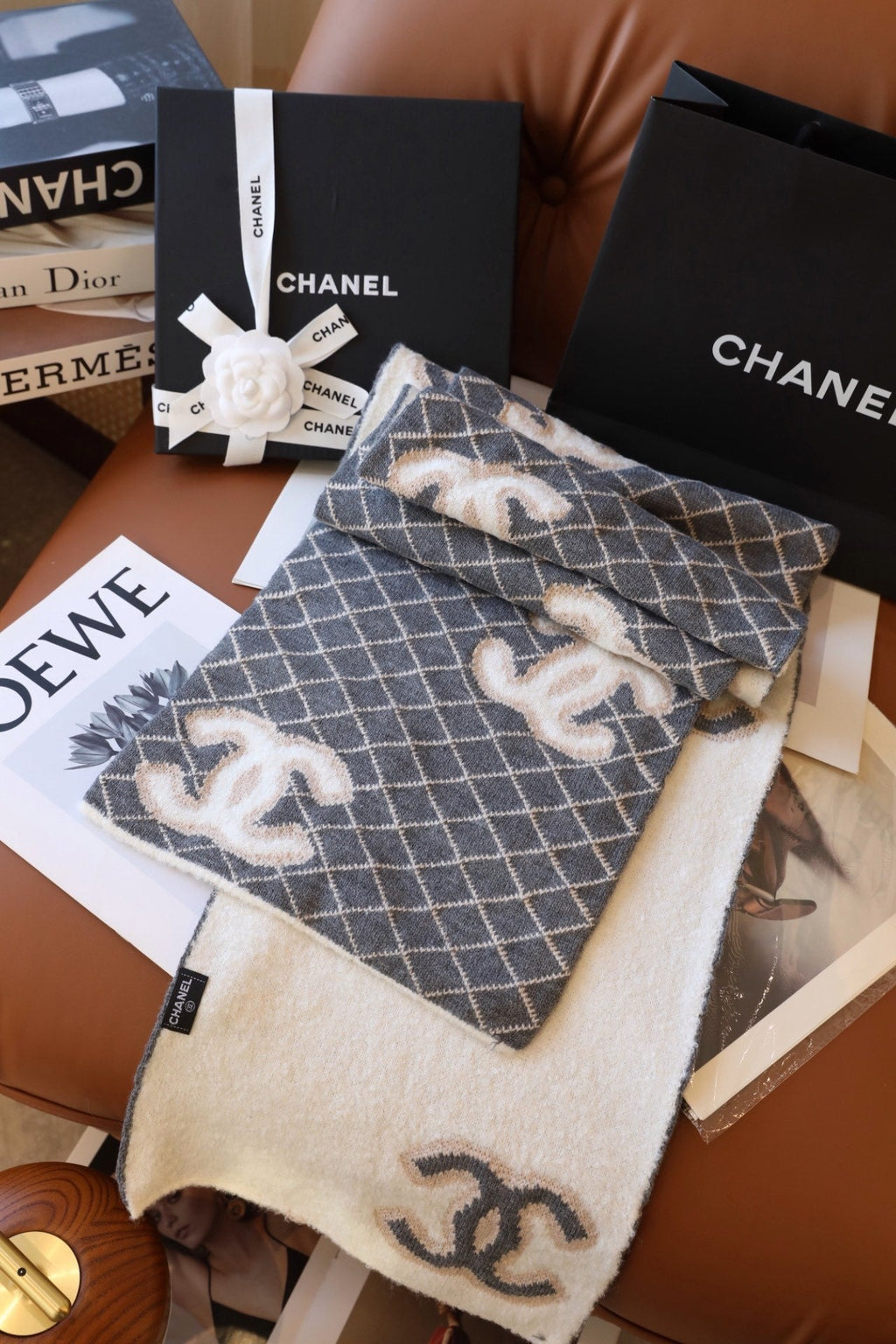Chanel Style Fuzzy Reversible Diamond Logo Scarf product detail 3