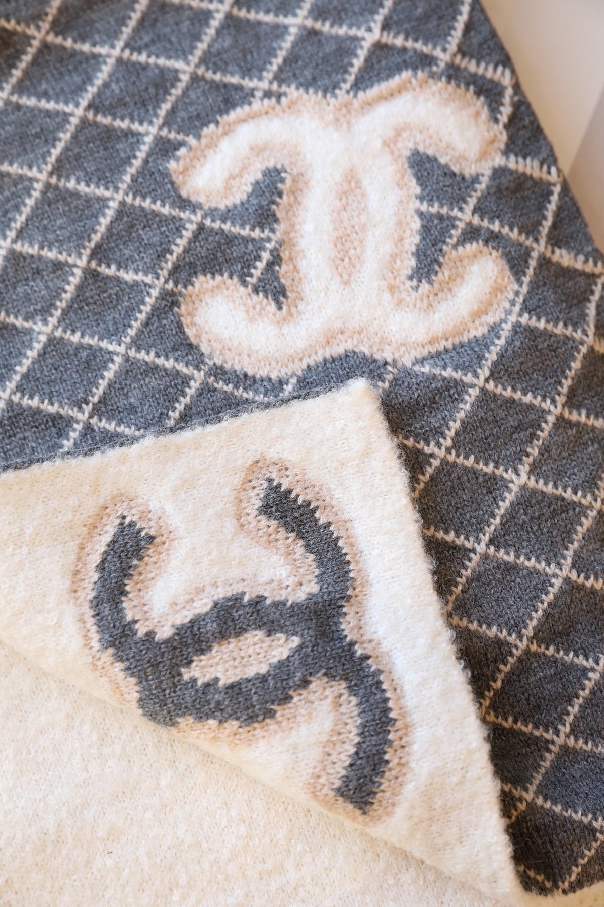 Chanel Style Fuzzy Reversible Diamond Logo Scarf product detail 7