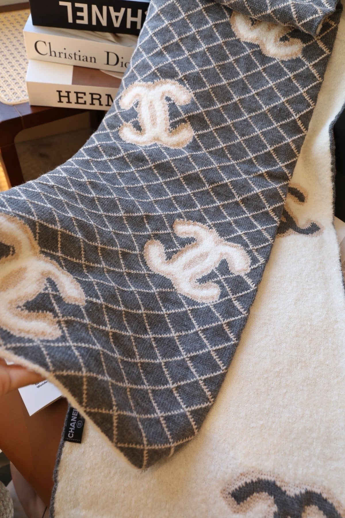Chanel Style Fuzzy Reversible Diamond Logo Scarf product detail 8