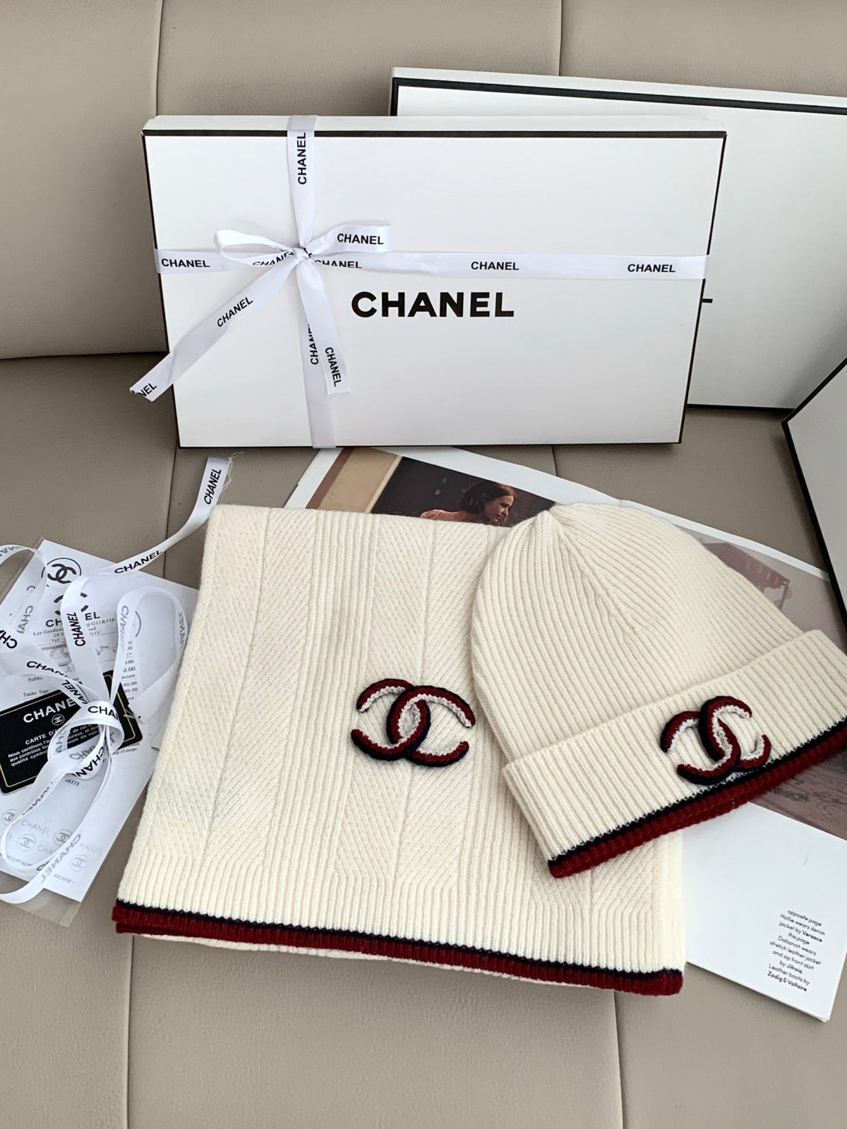 Chanel Style Ivory Rib-Knit Scarf and Beanie Set product detail 2