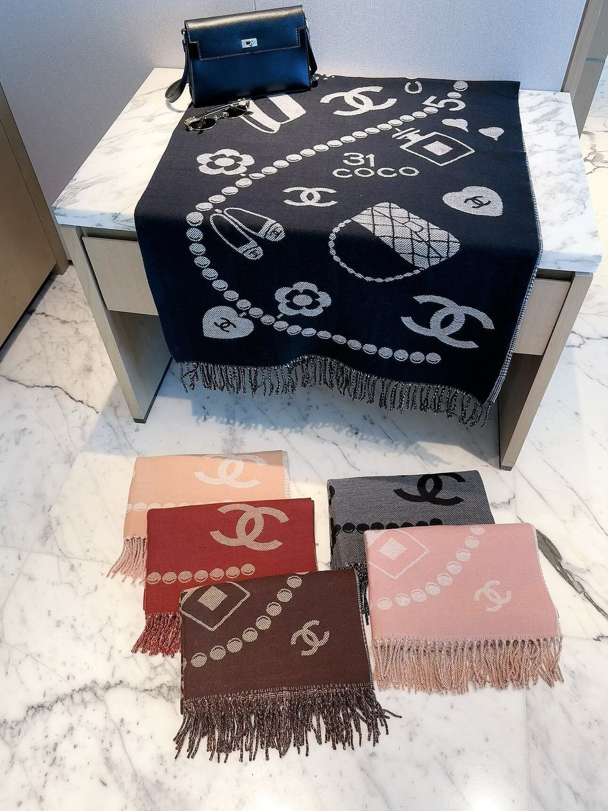 Chanel Style Jewelry Motif Fringe Scarf product detail 4