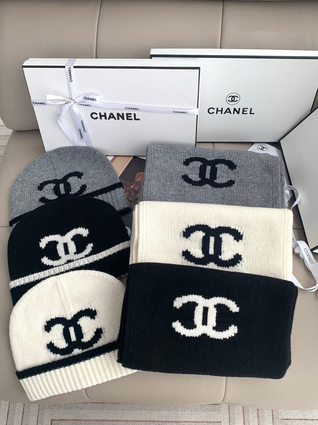 Chanel Style Logo Knit Scarf and Beanie Set product detail 2