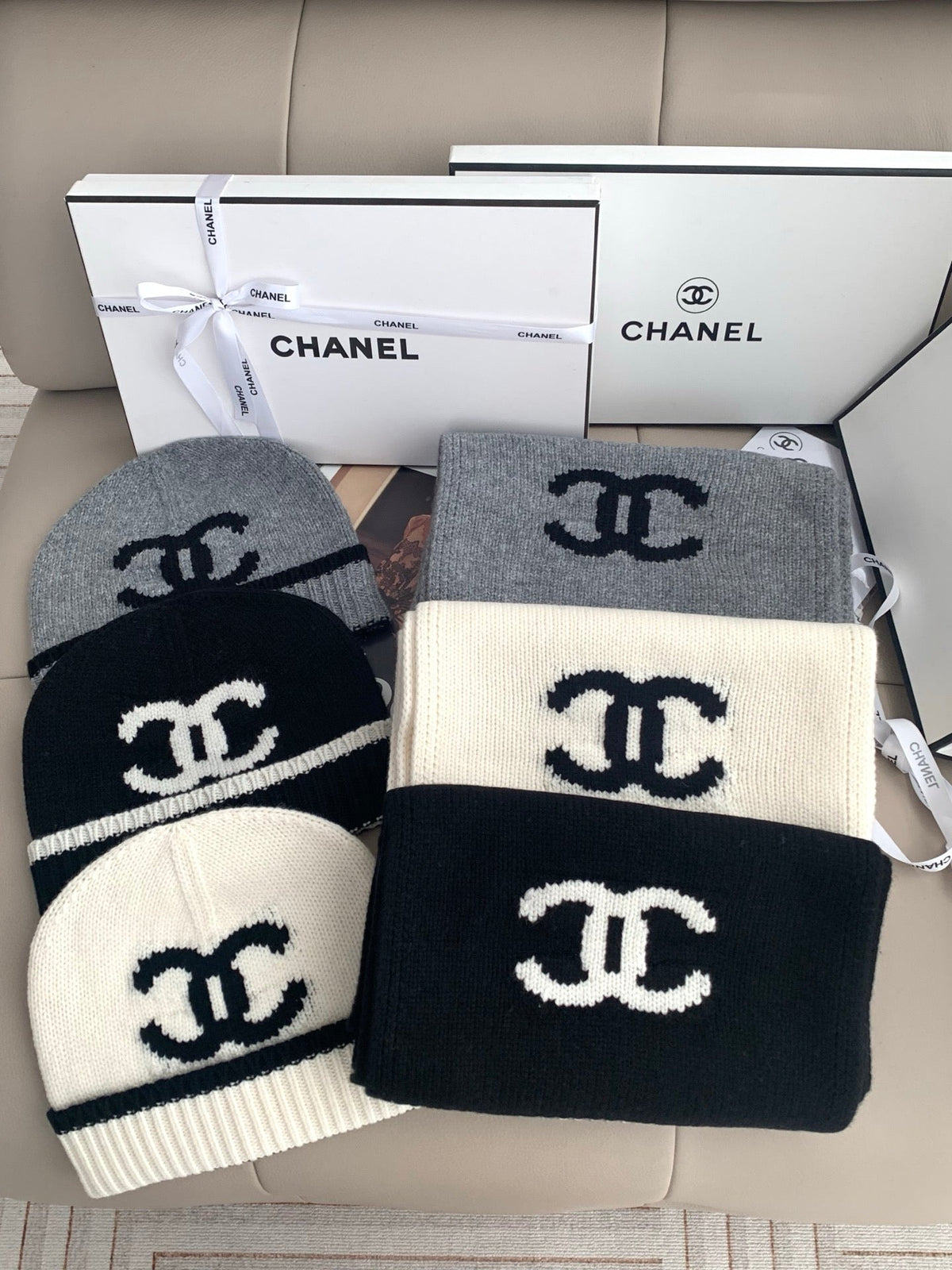 Chanel Style Logo Knit Scarf and Beanie Set product detail 2
