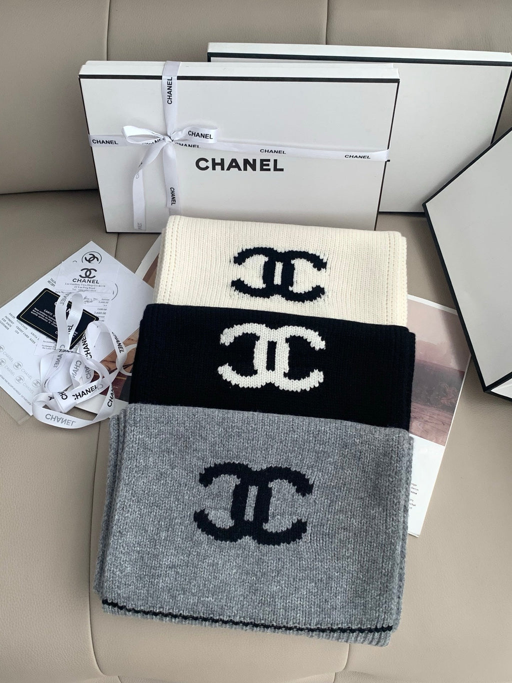 Chanel Style Logo Knit Scarf and Beanie Set product detail 3