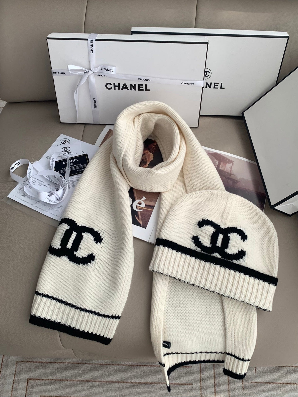 Chanel Style Logo Knit Scarf and Beanie Set product detail 7