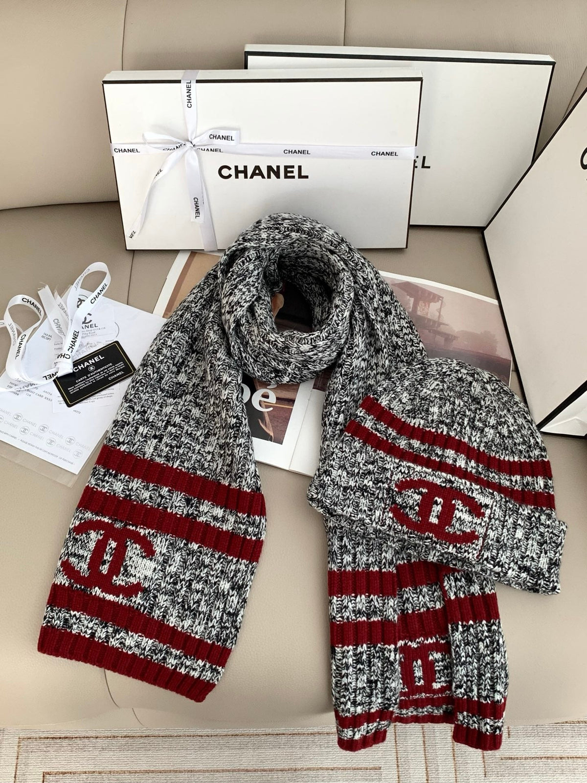 Chanel Style Marled Knit Scarf and Beanie Set product detail 3