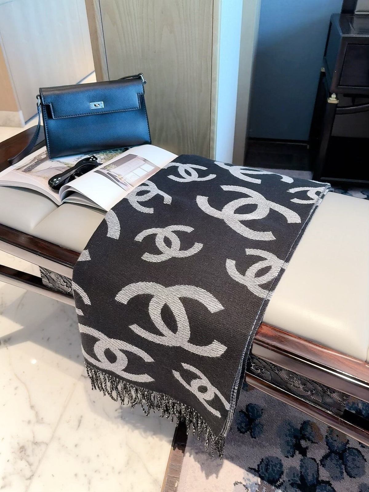 Chanel Style Oversized Logo Check Fringe Scarf product detail 4