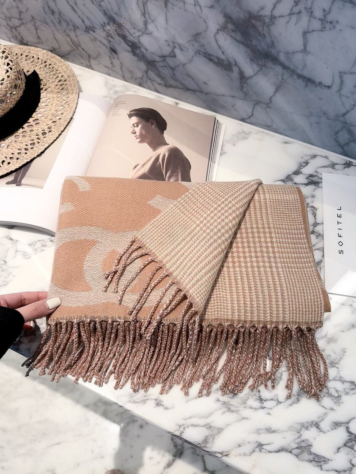 Chanel Style Oversized Logo Check Fringe Scarf product detail 5