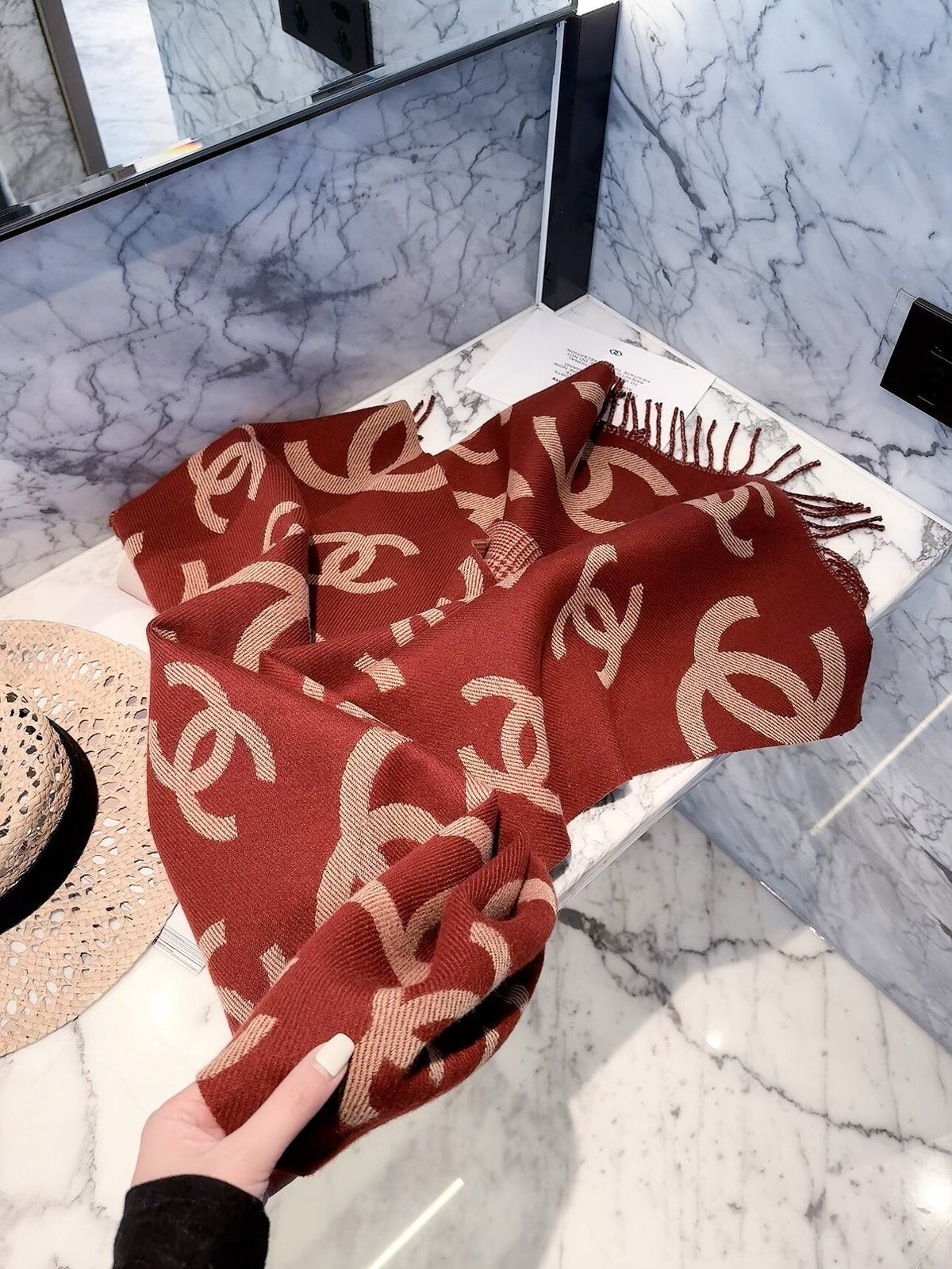 Chanel Style Oversized Logo Check Fringe Scarf product detail 6