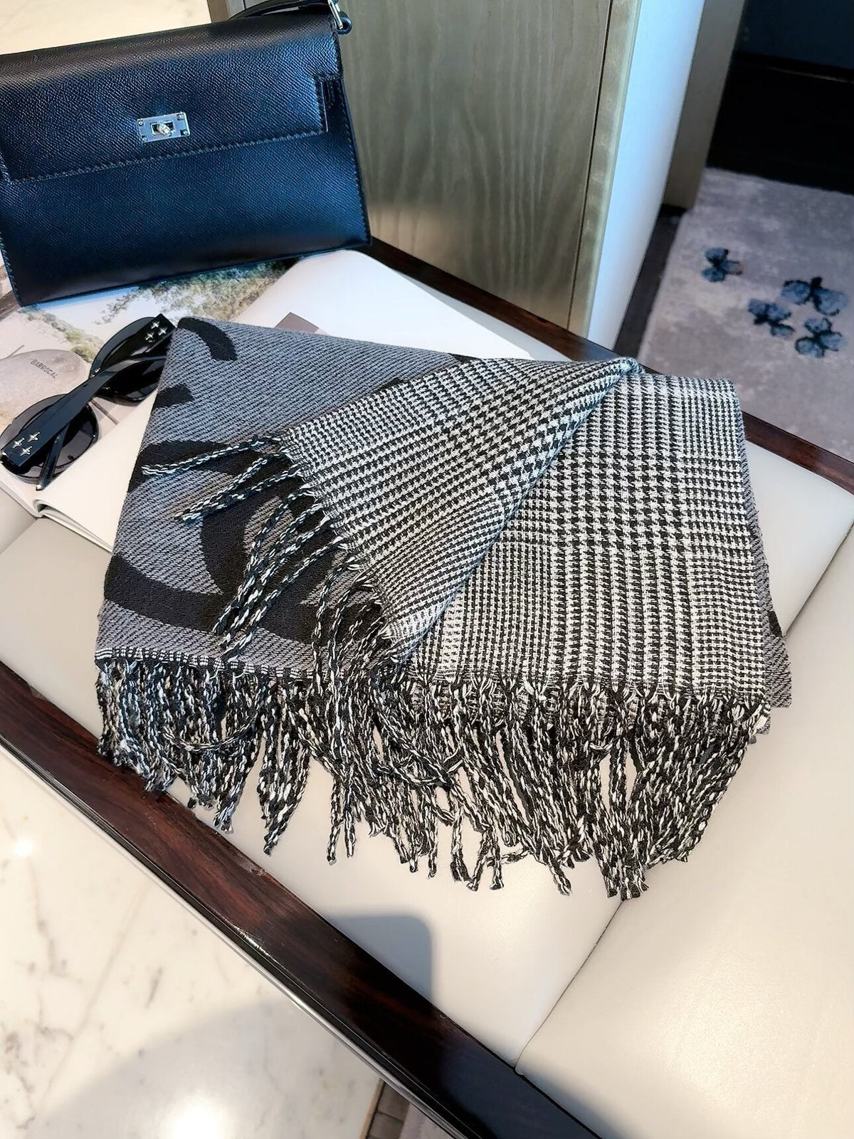 Chanel Style Oversized Logo Check Fringe Scarf product detail 8