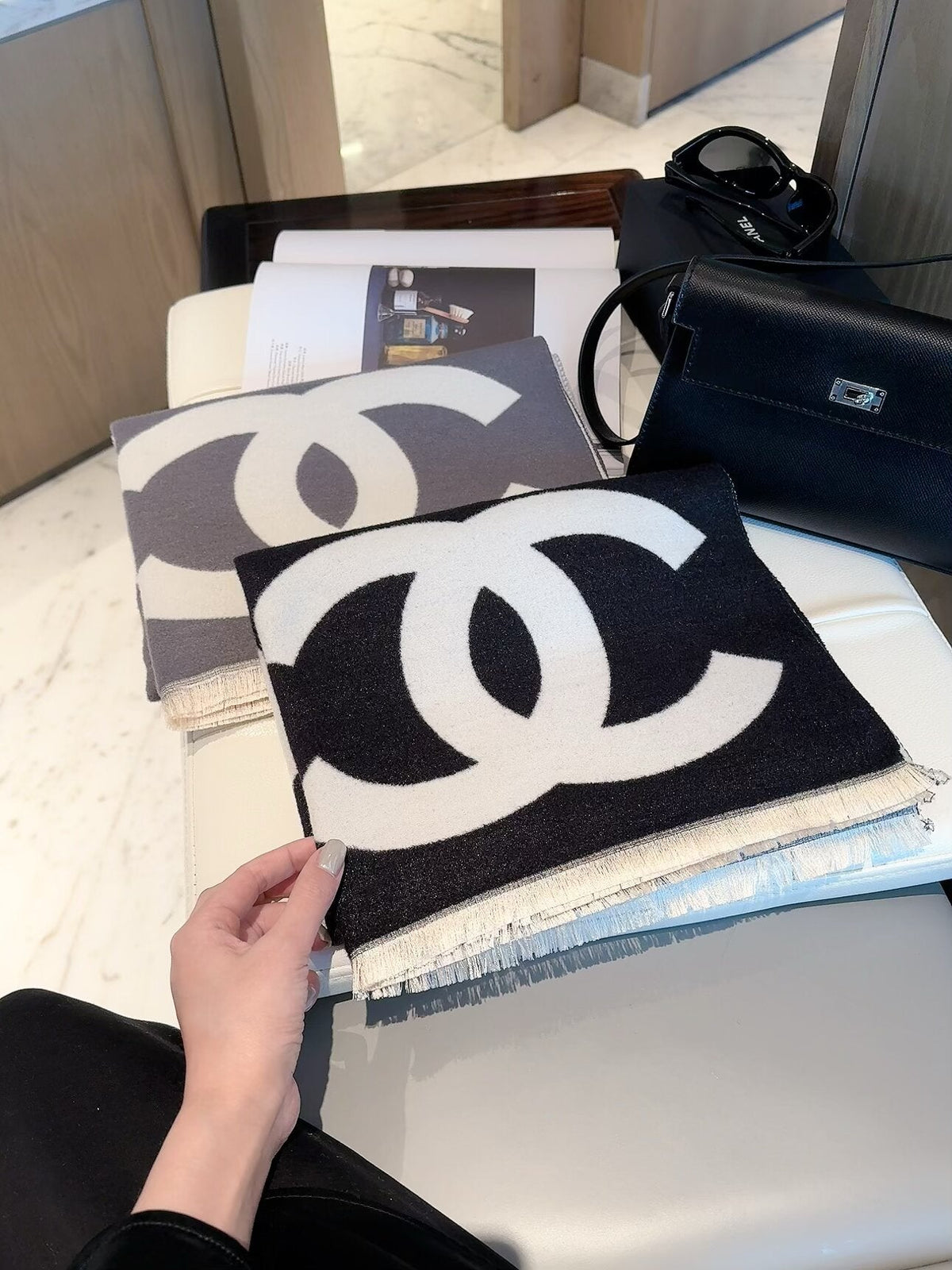 Chanel Style Oversized Logo Knit Scarf product detail 7